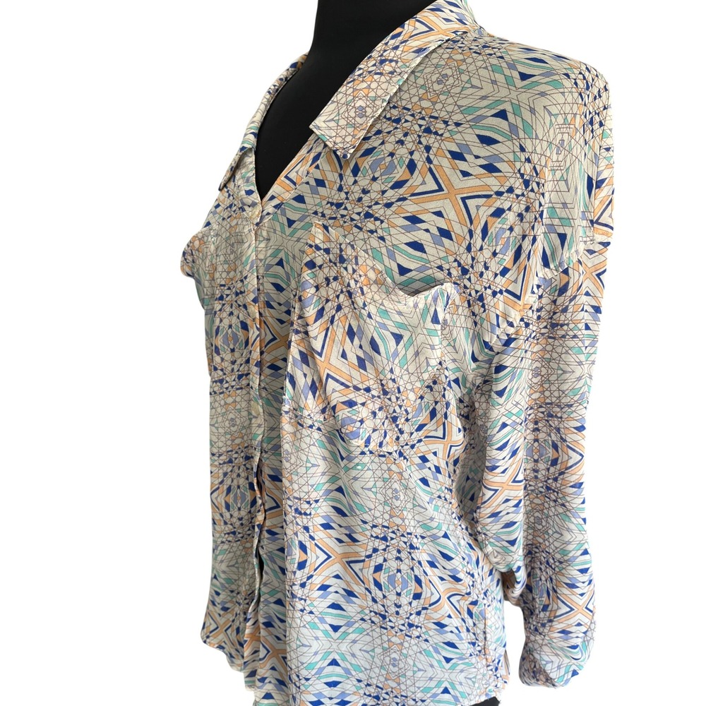 Free People Geometric Kaleidoscope Print Roll Tab Sleeve Button Down Blouse Top